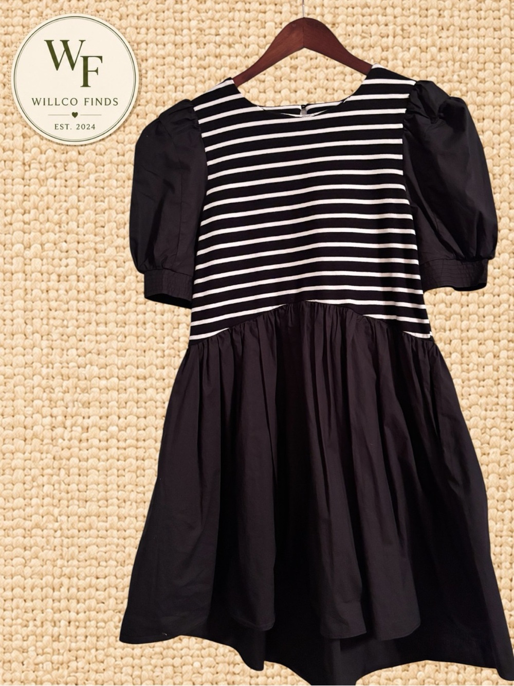 English Factory Dress Women S Black White Stripe Puff Sleeve Drop Waist Cotton